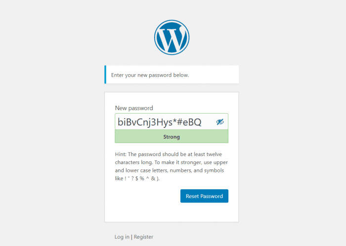 New Password WordPress Page