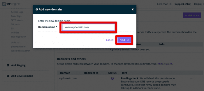 add domain in user portal setting in WP Engine