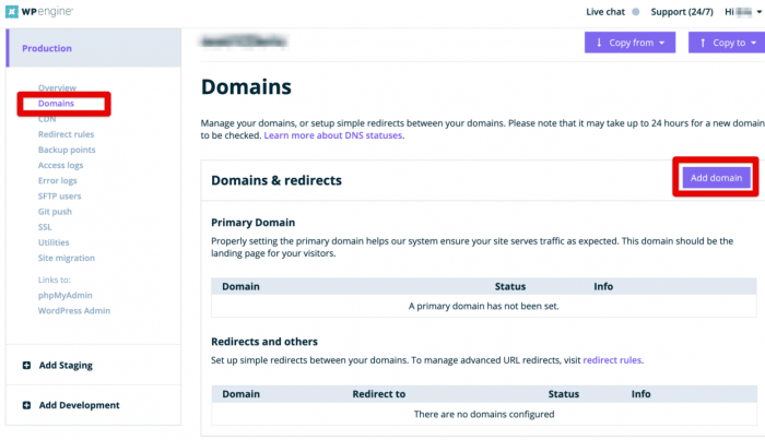 Add Domain Name to WP Engine User portal